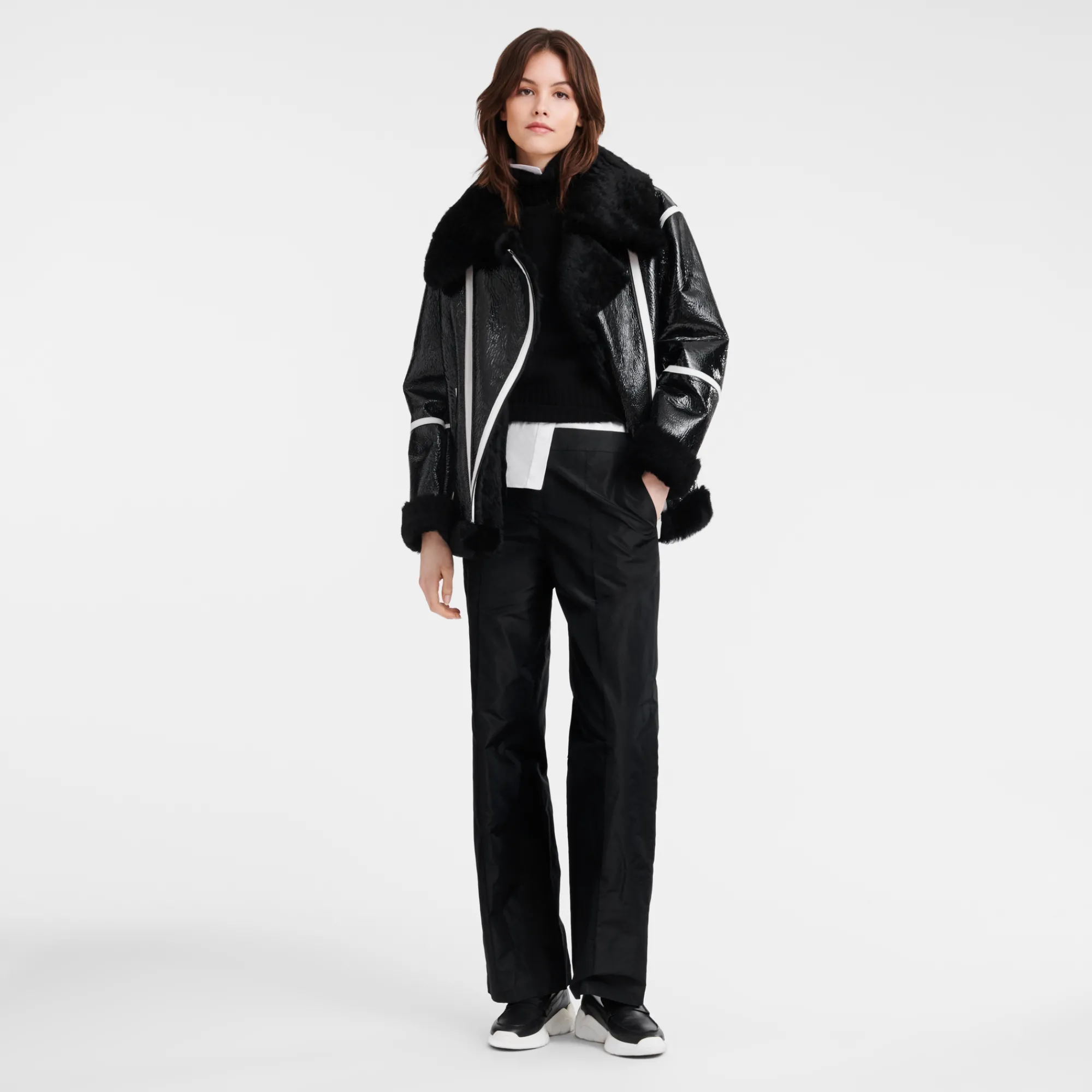 New Longchamp Blouson En Cuir De Mouton Double Face Noir